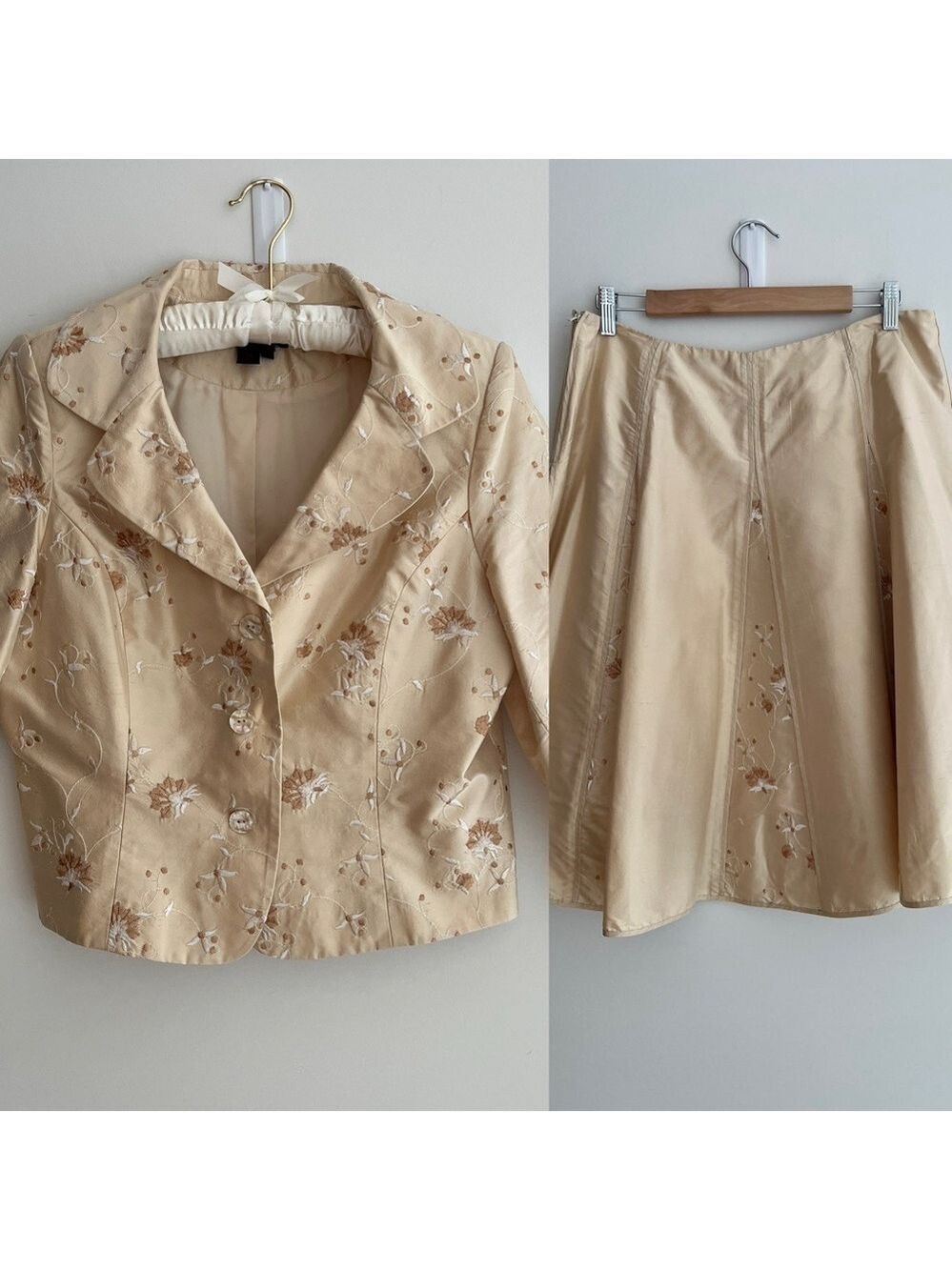 SIMON CHANG 2 Piece Flared Skirt Jacket Suit 100% Silk Embroidered Fancy Party